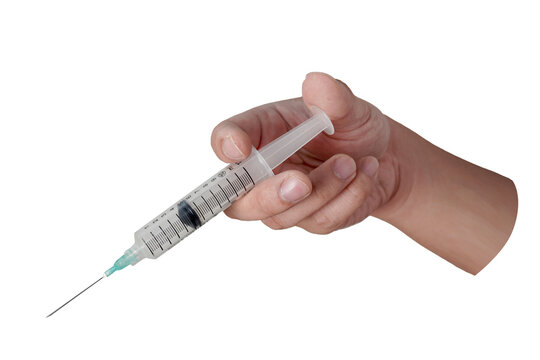 Male person hand holding syringe injection, cut out isolated