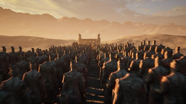 Ancient Terracotta soldiers standing in rows on an arid desert environment on sunset 3D animation flythrough