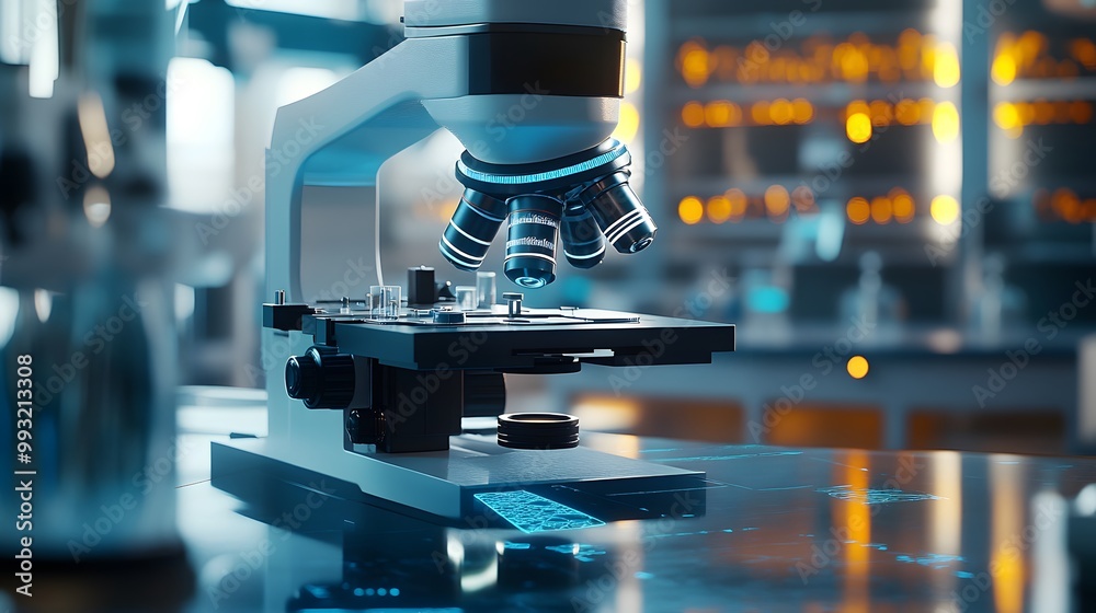 Poster a modern microscope with multiple lenses in a laboratory setting