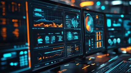 Data analysis on a computer screen with complex graphs, analytical style, close-up, sharp focus, bright lighting