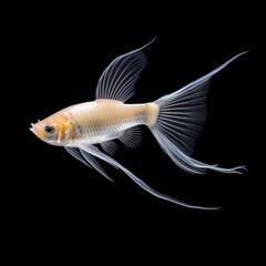 Fototapeta premium Elegant White Angelfish With Flowing Fins Against Black Background