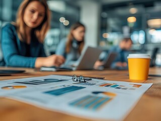 Fototapeta premium Digital marketing team brainstorming with a focus on online campaigns, modern office, tech-savvy style, sharp focus