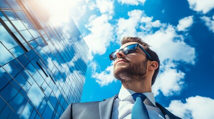Fototapeta premium Businessman Looking Up at Towering Skyscraper in Modern Urban Landscape