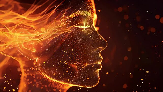 Video of woman face formed by glowing orange particles, set against a dark background. Concept of global thinking and introspection, mental health and emotional intelligence