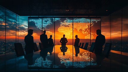 Professionals discussing global expansion strategy in a sleek conference room with digital maps Business strategy, global teamwork