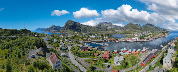 Aerial view, panorama overlooking Sorvagen amidst lush landscape at Vestfjord. Lofoten district in Norway