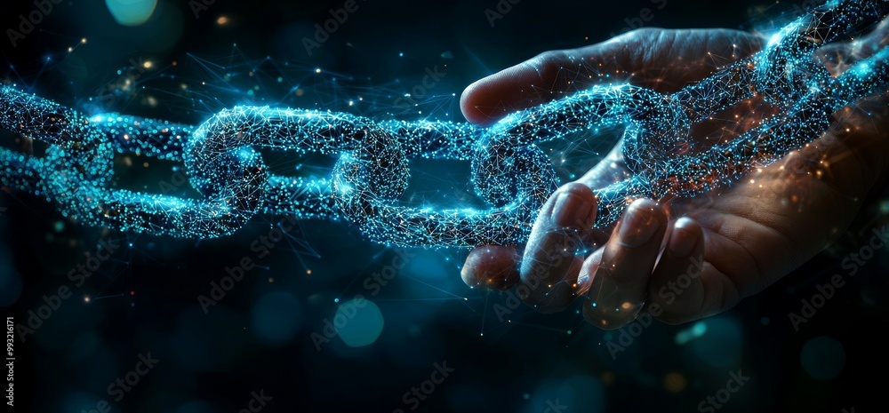 Poster virtual blockcahin with data held by a businessman - 3d rendering