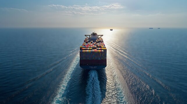 A ULCV sails the ocean, colorful containers stacked high under a bright sky and gentle waves.