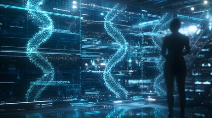 Silhouette of a person standing before glowing blue digital DNA strands and code on screens
