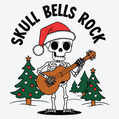 Skull Bells Rock T Shirt Design. Funny Christmas Skeleton Design