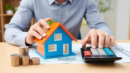 Man Calculating Mortgage Costs with a Toy House and Calculator