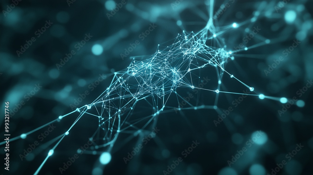 Poster connecting networks of light and data in a digital landscape with intricate lines and glowing nodes