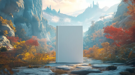 Blank book cover mockup set in magical fantasy landscapes for designers 
