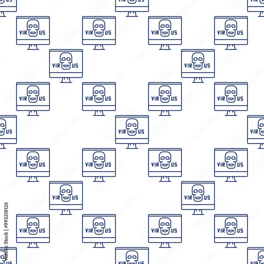 Poster computer with virus vector skull on pc screen seamless pattern in thin line style