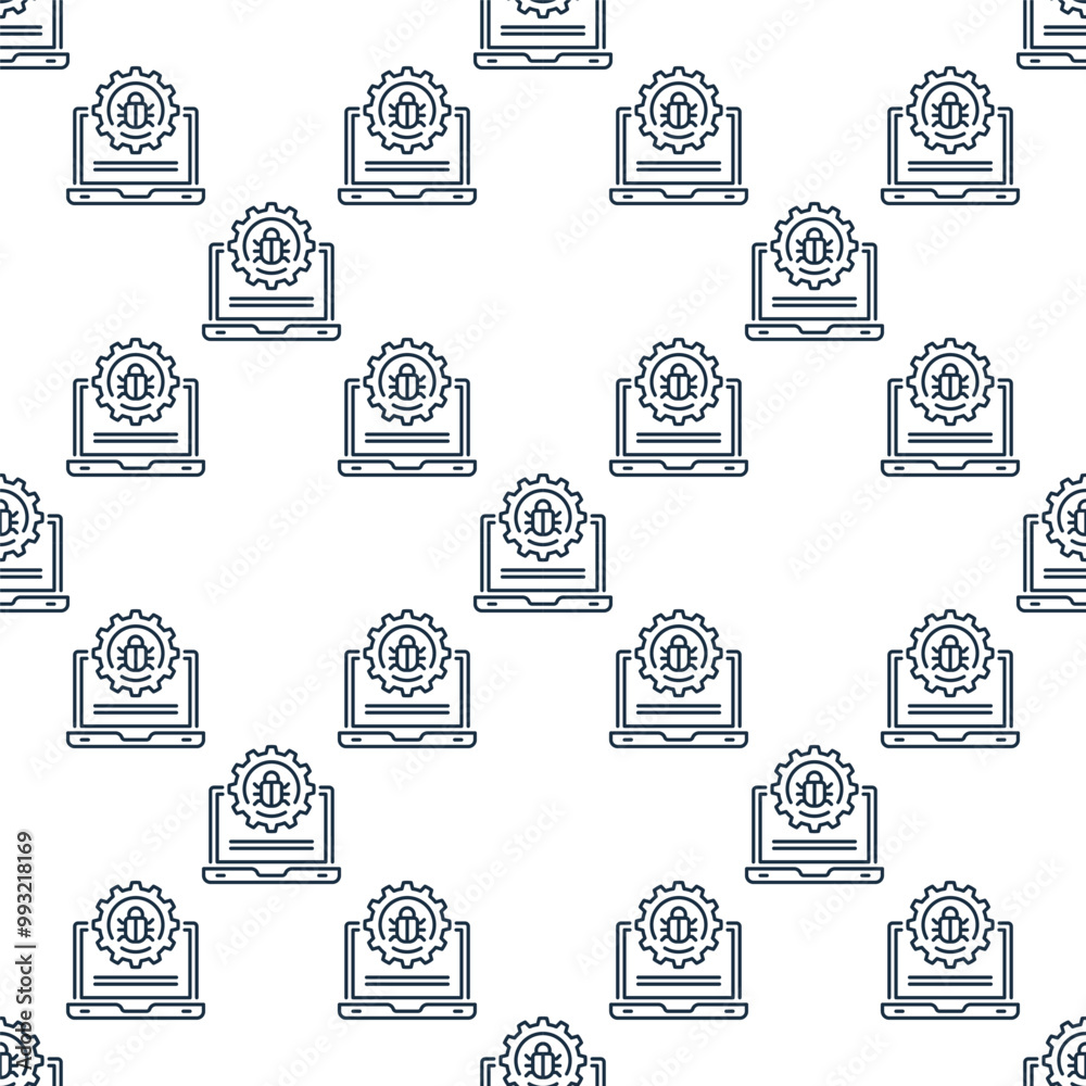 Poster computer virus or bug on laptop vector linear seamless pattern