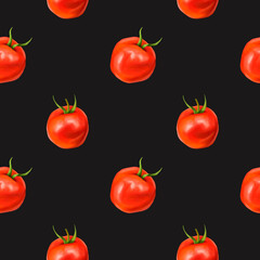 Seamless pattern with red ripe juicy tomatoes. A healthy diet of vegetables, vegetarian dishes and ingredients. Floral background for packaging and textiles. Digital illustration on white background