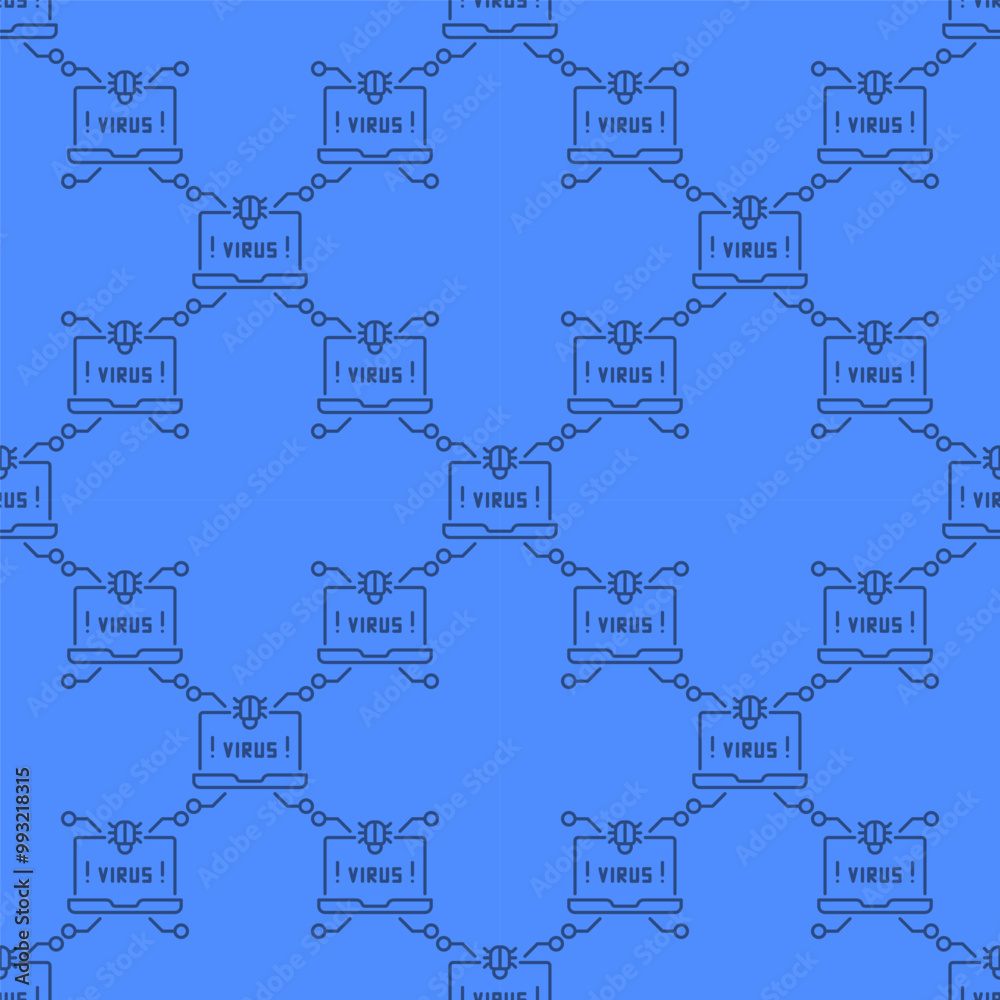 Poster laptop with virus on screen vector computer virus seamless pattern in thin line style
