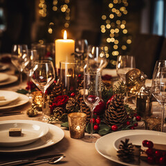 Elegant Christmas Dinner Table Setting With Candlelight And Festive Decor