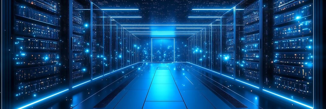 3D Illustration - Futuristic Server Room Technology Data Center With Neon Lights