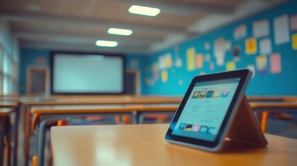 School technology in use with tablets and smartboards in a classroom, modern style, sharp focus, bright lighting, high detail