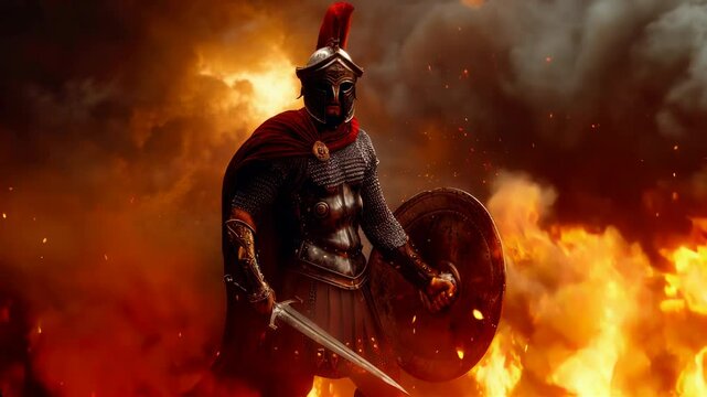 Greek warrior in plate and chain armor with helmet and red cape holding sword and shield in smoke and fire