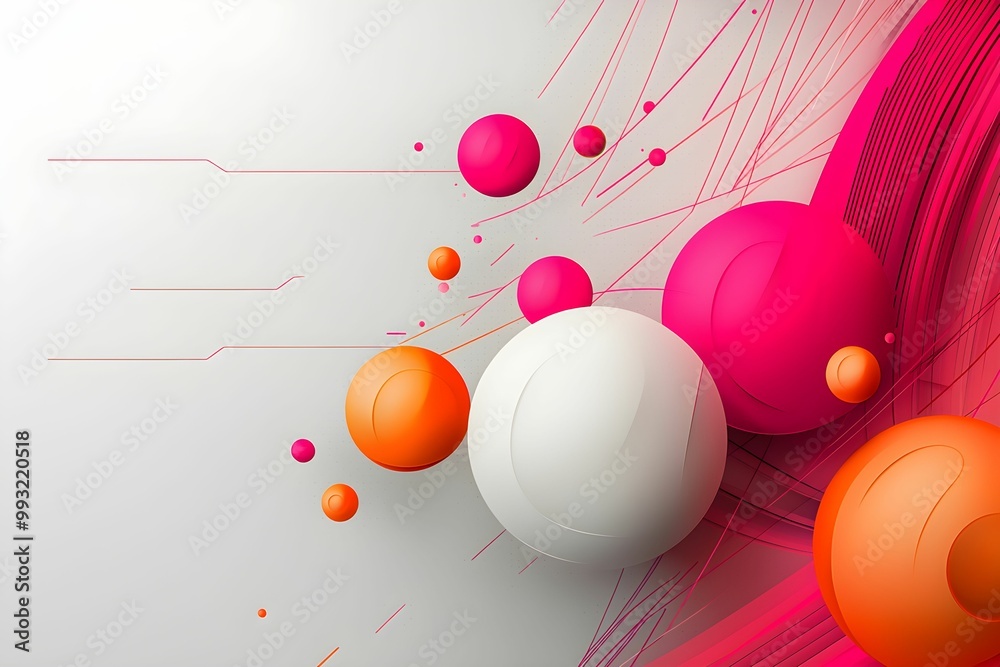 Poster abstract design with spheres and dynamic lines on gray