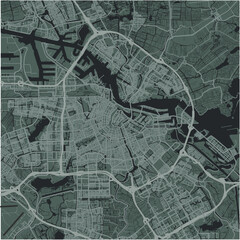 Map of Amsterdam in Netherlands in a smooth dark style. Contains layered vector with roads water, parks, etc.