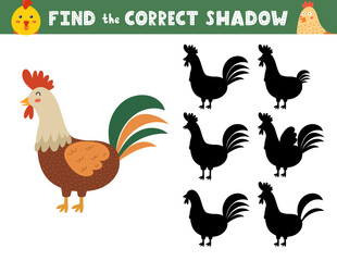Find the correct shadow activity page for kids with a cute rooster. Shadow matching game with a farm character. Vector illustration