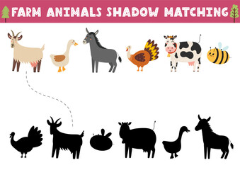 Find the correct shadow activity page with cute farm animals. Farm characters matching game for kids. Search the silhouette puzzle. Vector illustration