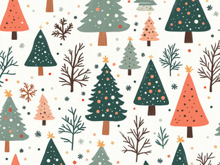 Obraz premium Seamless pattern of illustrated Christmas trees in various shapes and colors for festive decoration background