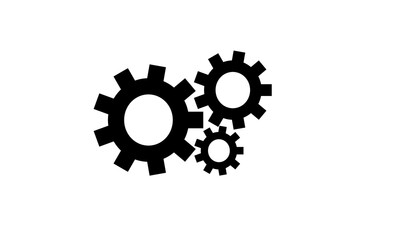 Black Gear Mechanism Icon.  A minimalist black-and-white illustration featuring three interlocking gears of varying sizes. The design symbolizes machinery, engineering, teamwork, and technical process