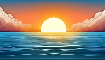 Sunset over the ocean is a simple 3d smooth-cut isolated illustration.  A simple 3D smooth-cut illustration of a sunset over the ocean, perfect for travel and nature-related content.