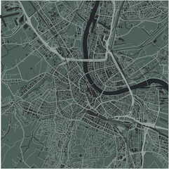 Map of Basel in Switzerland in a smooth dark style. Contains layered vector with roads water, parks, etc.