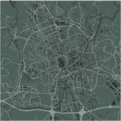 Map of Brno in Czech Republic in a smooth dark style. Contains layered vector with roads water, parks, etc.