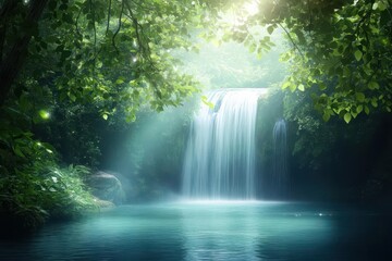 Mystical waterfall with glowing aura, fantasy, cool tones, watercolor