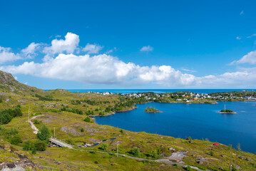 Aerial view, view from Munkebu-stig of Sorvagen and Lake Sorvagvatnet, in background Vestfjord,...
