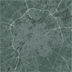 Map of Brussels in Belgium in a smooth dark style. Contains layered vector with roads water, parks, etc.