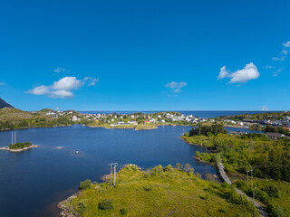 Aerial view, view from Munkebu-stig of Sorvagen and Lake Sorvagvatnet, in background Vestfjord, Lofoten district in Norway