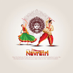 Garba Night poster for Navratri Dussehra festival of India. vector illustration design of peoples playing Dandiya dance.