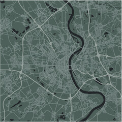 Map of Cologne in Germany in a smooth dark style. Contains layered vector with roads water, parks, etc.