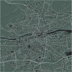 Map of Cork in Ireland in a smooth dark style. Contains layered vector with roads water, parks, etc.