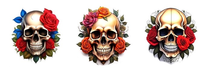 Tattoo Vorlage Schädel mit Rosen farblich