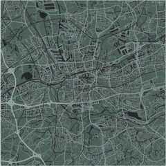 Map of Dortmund in Germany in a smooth dark style. Contains layered vector with roads water, parks, etc.