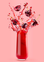 Red cherry juice in drinking glass with levitated cherry pieces, splashes on pink background. Vitamin summer fresh fruits, drink for advertising, label product, branding, flyer, poster, card, design.