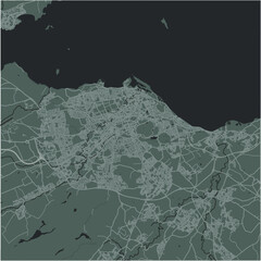 Map of Edinburgh in United Kingdom in a smooth dark style. Contains layered vector with roads water, parks, etc.