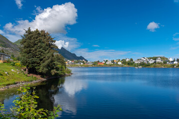 Obraz premium Landscape with lake Sorvagvatnet near Sorvagen. Lofoten district in Norway