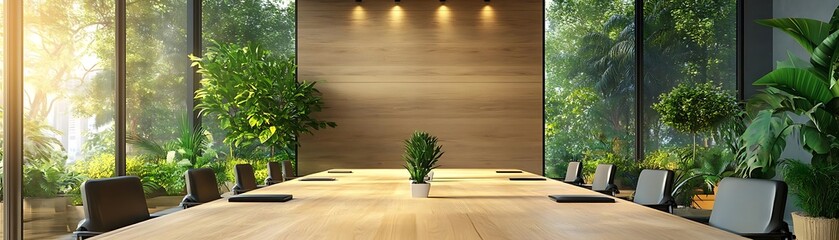 Modern Office Illustration: Tranquil Boardroom with Lush Greenery