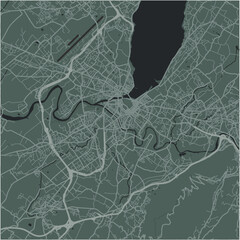 Map of Geneva in Switzerland in a smooth dark style. Contains layered vector with roads water, parks, etc.