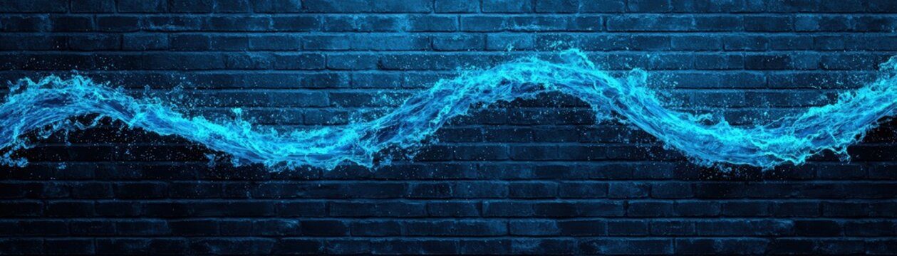 A digital wave crashing into a brick wall, representing the disruption of old business paradigms through technology. Set in a tech-inspired office space. Realistic, close-up.