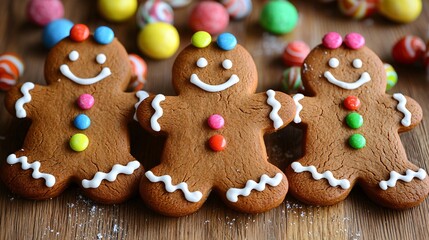 Three cheerful gingerbread cookies decorated with colorful candies, surrounded by festive treats on a wooden surface.